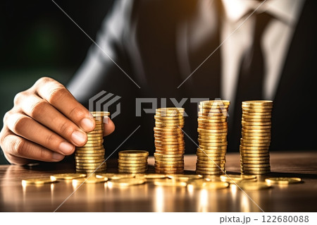 Businessman reaching for the coin stack. Financial, banking, investment concept. Generative Ai 122680088