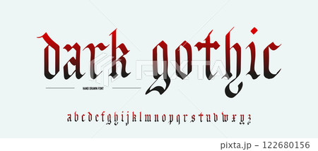 Gothic alphabet. Medieval handwritten typeface in old style made with calligraphy pen. Traditional Gothic alphabet. Medieval handwritten typeface in old style made with calligraphy pen. Traditional 122680156