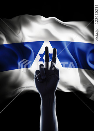 Hand giving peace sign over the flag of Israel. Generative Ai 122680255