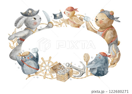 Watercolor frame pirates, rabbit, bear, penguins, parrot, chest, brush, soap. Hand drawn illustration. Oval template isolated white copy space, birthday invitation, baby shower, greeting card, poster Watercolor frame pirates, rabbit, bear, penguins, parrot, chest, brush, soap. Hand drawn illustration. Oval template isolated white copy space, birthday invitation, baby shower, greeting card, poster 122680271
