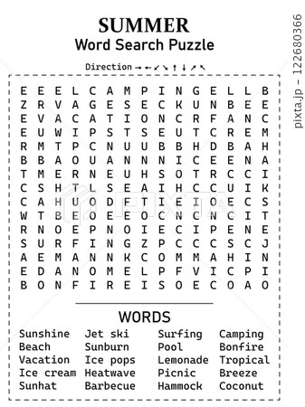 Summer Word Search 15x15 Puzzle Game for Kids, Teens and Adults - Hard, Fun and Educational Activity Page with Hidden Words 122680366