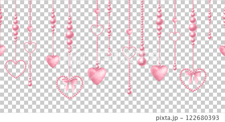 Bead pendants with bows and hearts in pink pastel color. Coquette core, girly style, cutecore. Watercolor hand drawn isolated seamless border of trendy accessories for romantic and wedding design. 122680393