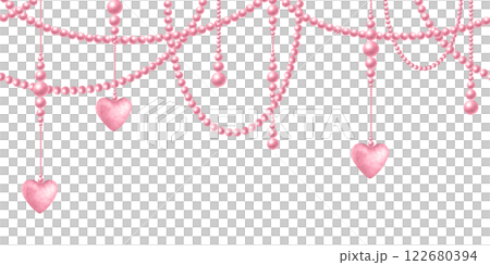 Pink pastel beads, hearts and pendants. Coquette core, girly style, cutecore aesthetic. Watercolor hand drawn isolated seamless border of delicate trendy accessories for romantic card, wedding design. 122680394