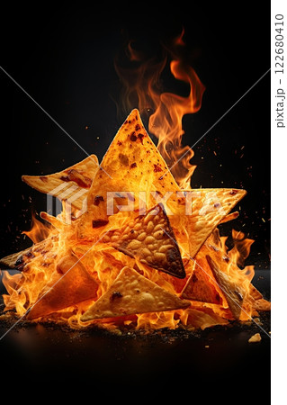 Doritos chips on fire. Hot spicy Mexican traditional snack. Generative Ai 122680410