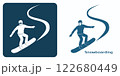 Snowboarder maneuvers downhill. One of the logos of the winter games set. Two color, black blue and white graphics. 122680449
