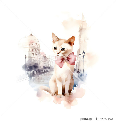 Elegant cat portrait with a bow tie against a European city backdrop in soft watercolor style 122680498