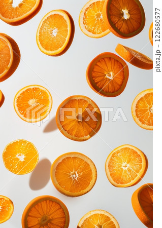 Vivid orange slices and whole carrots are artistically arranged against a light background, creating a colorful and appealing display ideal for healthy food presentations Vivid orange slices and whole carrots are artistically arranged against a light background, creating a colorful and appealing display ideal for healthy food presentations 122680577