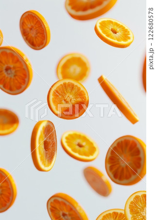 Slices of juicy orange are artfully suspended in air, showcasing their bright color and fresh texture. This arrangement highlights the natural beauty and appeal of citrus fruit 122680578