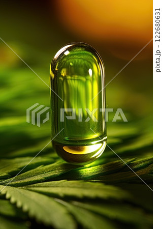 Cannabis oil CBD medical pill. Health benefits of medical marijuana. Generative Ai 122680631