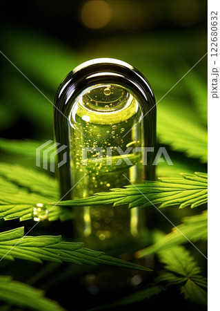 Cannabis oil CBD medical pill. Health benefits of medical marijuana. Generative Ai 122680632