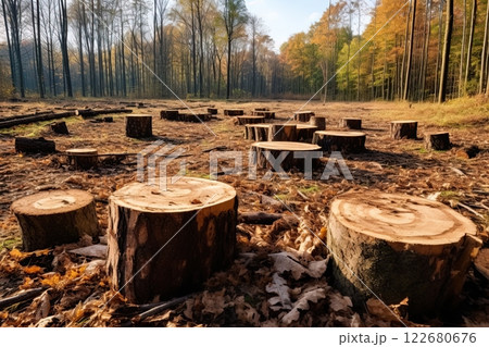 Forest deforestation. Cut trees for lumber and timber. Industry concept. Generative Ai 122680676