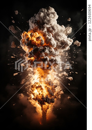 Explosion with smoke and flames. Black background. Copy space. Generative Ai illustration 122680694