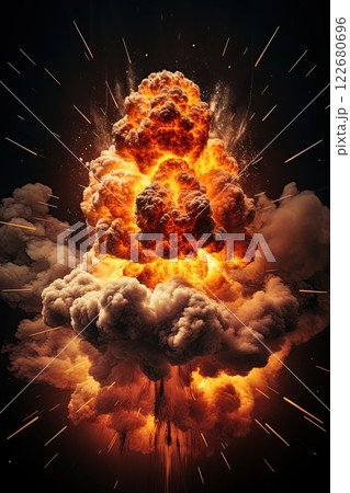 Explosion with smoke and flames. Black background. Copy space. Generative Ai illustration 122680696