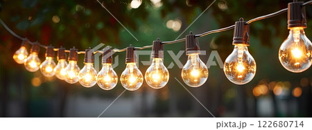 Vintage style light bulbs hanging outdoors. Decorative lights background. Generative Ai 122680714