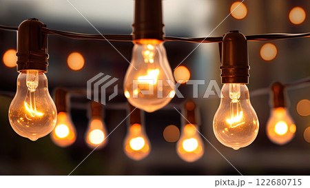 Vintage style light bulbs hanging outdoors. Decorative lights background. Generative Ai 122680715