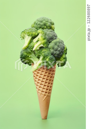 Broccoli in a ice cream comb over green background. Generative Ai 122680897