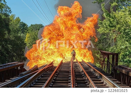 Intense fire explosion on railway track in forest environment 122681025