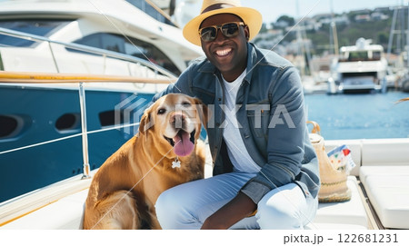 Happy african male adult with dog on yacht: sunny day relaxation 122681231