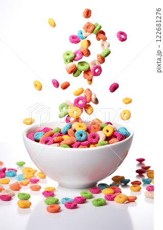 Cereal falling in to the bowl on white background. Generative Ai 122681276