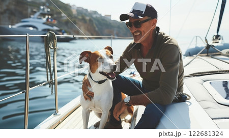 Elderly caucasian male enjoying yacht outing with dog on sunny day 122681324