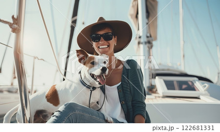 Happy young caucasian female enjoying yacht trip with dog 122681331