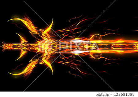 Fiery sword with glowing flames and intricate design on black background Fiery sword with glowing flames and intricate design on black background 122681389