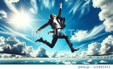 青空を背景にスーツ姿の男性ビジネスマンがジャンプして喜んでいる 青空を背景にスーツ姿の男性ビジネスマンがジャンプして喜んでいる 122681412