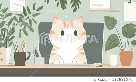 デスクで座る可愛い猫のイラスト 122681570