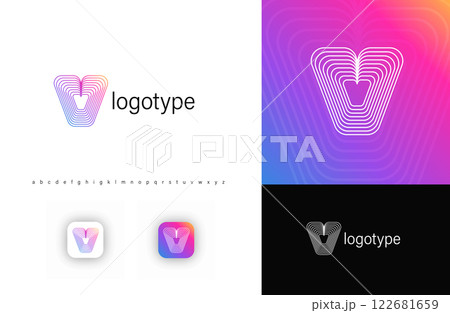 Ripples Logo Letter V, Geometric Rounded Lines Monogram for Tech Branding, Creative Posters, Identity. Vector Illustration 122681659