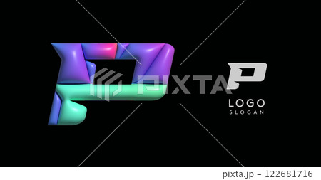Sporty 3D bubble letter P, puzzle-like volume effect, vibrant Memphis-style cutout logo, glossy colorful design for dynamic youthful logos, shiny colored. Vector illustration 122681716