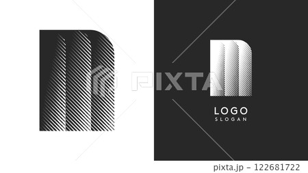 M vector letter. Sharp contrast monogram strike diagonal hatching for industrial yet modern look. High bold logo template. Logotype concept design for brand in tech, architecture, fashion 122681722