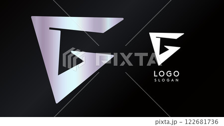 Geometric triangular G letter, abstract dynamic logo, modern holographic gradient monogram for gaming, technology, urban art, innovation, streetwear brand, sci-fi cybersport. Vector illustration 122681736
