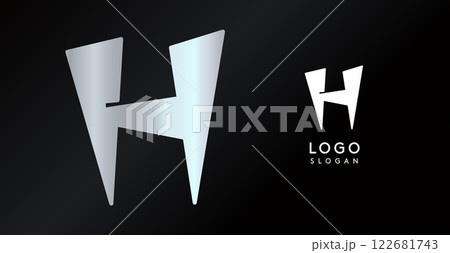 Geometric triangular H letter, abstract dynamic logo, modern holographic gradient monogram for gaming, technology, urban art, innovation, streetwear brand, sci-fi cybersport. Vector illustration Geometric triangular H letter, abstract dynamic logo, modern holographic gradient monogram for gaming, technology, urban art, innovation, streetwear brand, sci-fi cybersport. Vector illustration 122681743