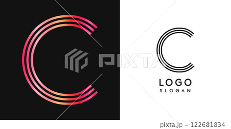Minimalistic striped letter C, three lines monogram, shiny luxurious metallic gloss color logo for premium brand of jewels, fashion and beauty. Modern retro avant-garde identity. Vector illustration. 122681834
