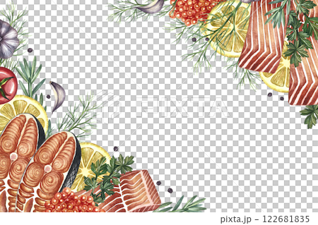 A frame with an image of sliced red fish with vegetables. A hand-drawn watercolor illustration. A color image of a seafood template. On a white background. For menus, labels, packaging, invitations. 122681835