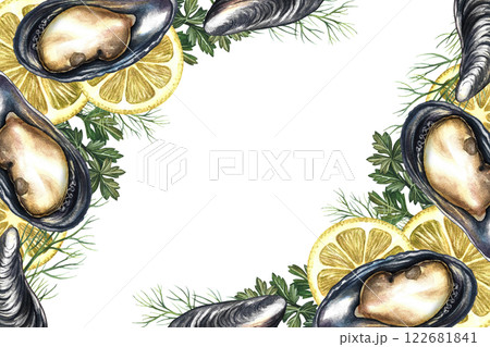 Corner frame with mussels, lemon and herbs. Handmade watercolor illustration. A color image of a seafood template. On a white background. For menus, invitations, packages, labels and recipes. Corner frame with mussels, lemon and herbs. Handmade watercolor illustration. A color image of a seafood template. On a white background. For menus, invitations, packages, labels and recipes. 122681841