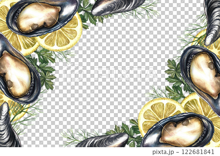 Corner frame with mussels, lemon and herbs. Handmade watercolor illustration. A color image of a seafood template. On a white background. For menus, invitations, packages, labels and recipes. Corner frame with mussels, lemon and herbs. Handmade watercolor illustration. A color image of a seafood template. On a white background. For menus, invitations, packages, labels and recipes. 122681841