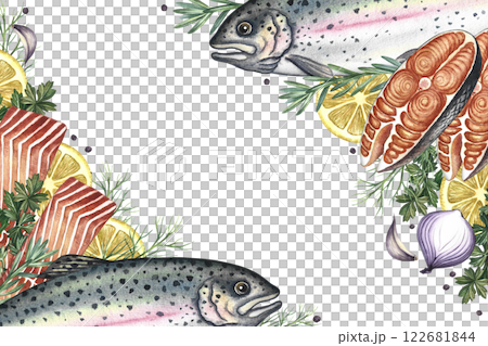 Corner frame with trout, whole and sliced, with vegetables and spices. A hand-drawn watercolor illustration. A color image of a fish dish template. On a white background. For menu, recipe, invitation. 122681844