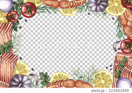 A frame with a picture of a fillet of red fish with vegetables. A hand-drawn watercolor illustration. A color image of a seafood template. On a white background. For menu, labels packaging, invitation 122681849
