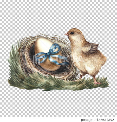 Cute little hatched chick next to the nest and Easter egg. A hand-drawn watercolor illustration. Highlight it. For Easter cards, packaging and labels, posters, stickers and printing. Cute little hatched chick next to the nest and Easter egg. A hand-drawn watercolor illustration. Highlight it. For Easter cards, packaging and labels, posters, stickers and printing. 122681852