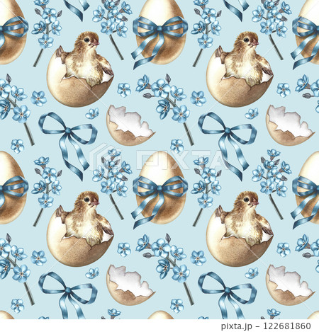 Easter seamless pattern with a hatched chicken, decorated with eggs and forget-me-nots. The illustration is made in handmade watercolor. On a blue background. For textiles, prints, wrapping paper. 122681860