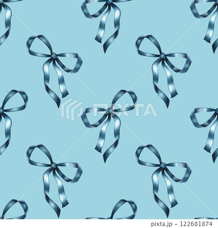 Seamless simple pattern with blue ribbon bows. A hand-drawn watercolor illustration. On a blue background. Great for textiles, wallpapers, prints, wrapping paper, backgrounds, and more. 122681874