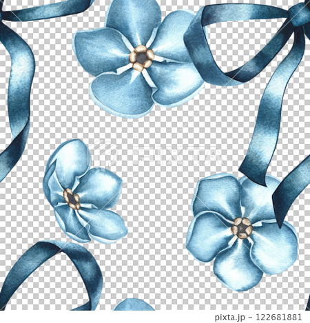 A simple pattern with blue forget-me-nots and bows of their ribbons. The illustration is done in watercolor by hand. On a white background. For textiles, wallpapers, prints, wrapping paper, background A simple pattern with blue forget-me-nots and bows of their ribbons. The illustration is done in watercolor by hand. On a white background. For textiles, wallpapers, prints, wrapping paper, background 122681881