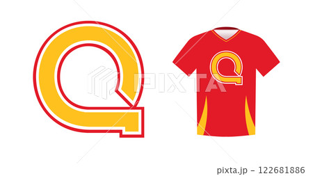 Bold yellow letter Q with red outline, varsity sports emblem design on red athletic jersey. Ideal for sports team logos, college branding, athletic apparel. Vector illustration Bold yellow letter Q with red outline, varsity sports emblem design on red athletic jersey. Ideal for sports team logos, college branding, athletic apparel. Vector illustration 122681886