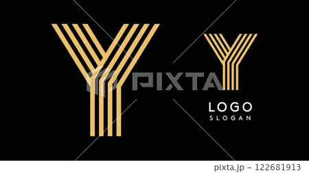 Geometric golden letter Y with concentric lines on black background. Sleek sophisticated logo design. Luxury, modernity, elegance logotype for premium branding, corporate identity.Vector illustration. 122681913