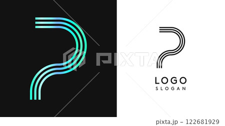Minimalistic striped letter P, three lines monogram, shiny luxurious metallic gloss color logo for premium brand of jewels, fashion and beauty. Modern retro avant-garde identity. Vector illustration. 122681929