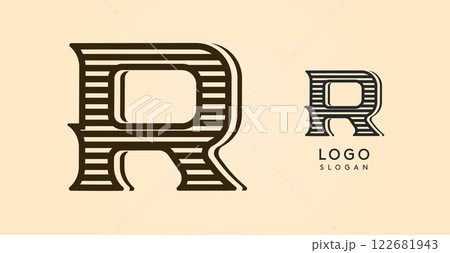 Vintage western letter R, country stylish old lettermark for retro bar logo, BBQ cafe, tattoo salon, saloon plaque, alcohol label. Vector illustration Vintage western letter R, country stylish old lettermark for retro bar logo, BBQ cafe, tattoo salon, saloon plaque, alcohol label. Vector illustration 122681943