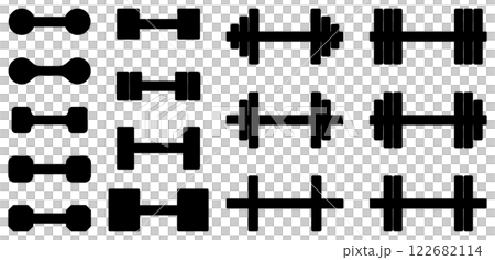 様々な形のダンベル,バーベル,鉄アレイ,のベクターイラストのセット 122682114