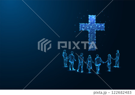 Christian Church, faith, unity concept with group of people holding hands, looking at glowing cross 122682483