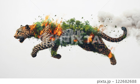 Surreal leopard with fire and plants symbolizing nature's destruction and conflict between wildlife and urbanization 122682688
